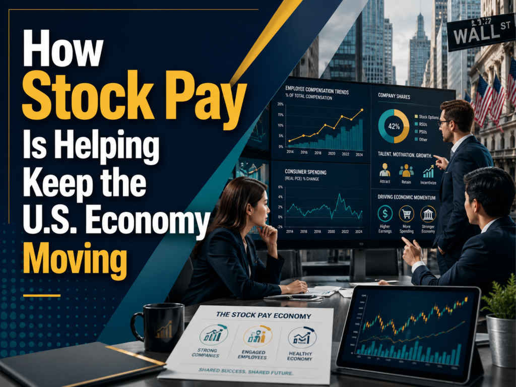 Stock pay boom explained through a business finance scene showing professionals reviewing stock compensation and U.S. economy data.