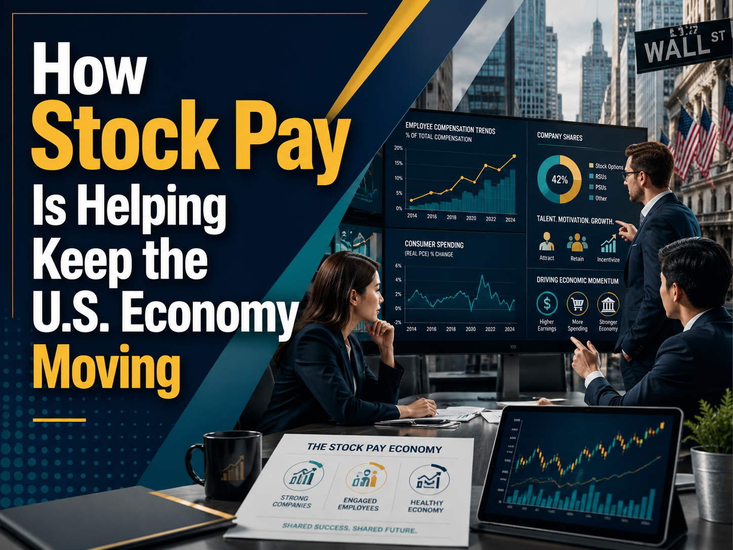 Stock pay boom explained through a business finance scene showing professionals reviewing stock compensation and U.S. economy data.