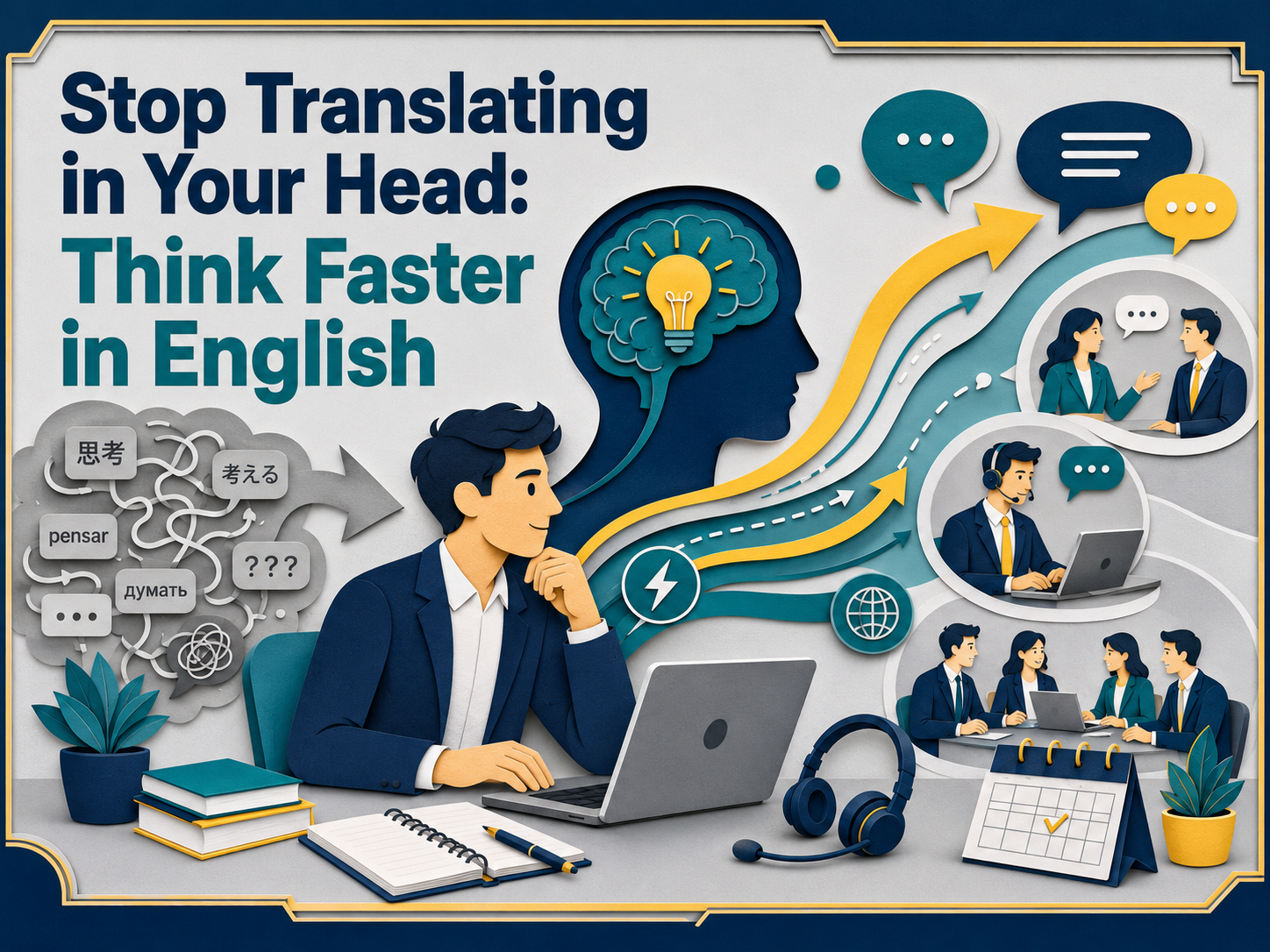 3D paper cut banner for “Stop Translating in Your Head: Think Faster in English,” showing a professional learner moving from mental translation to confident English communication.