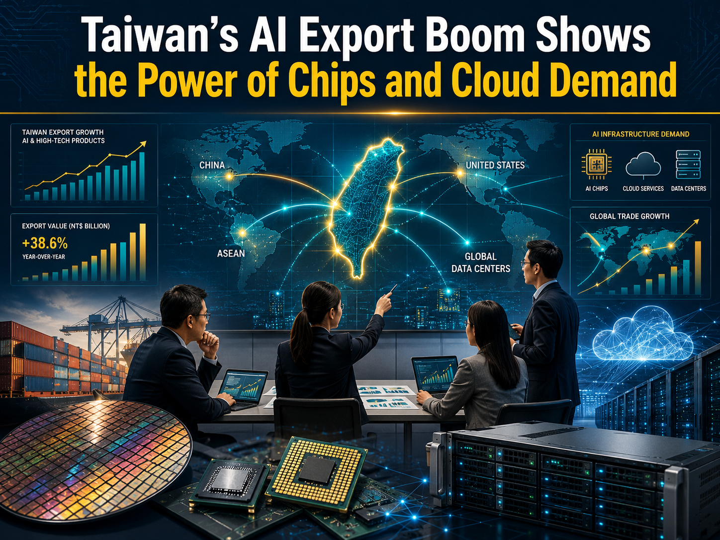 Taiwan AI export boom banner showing semiconductors, cloud demand, global trade routes, chips, servers, and AI infrastructure growth