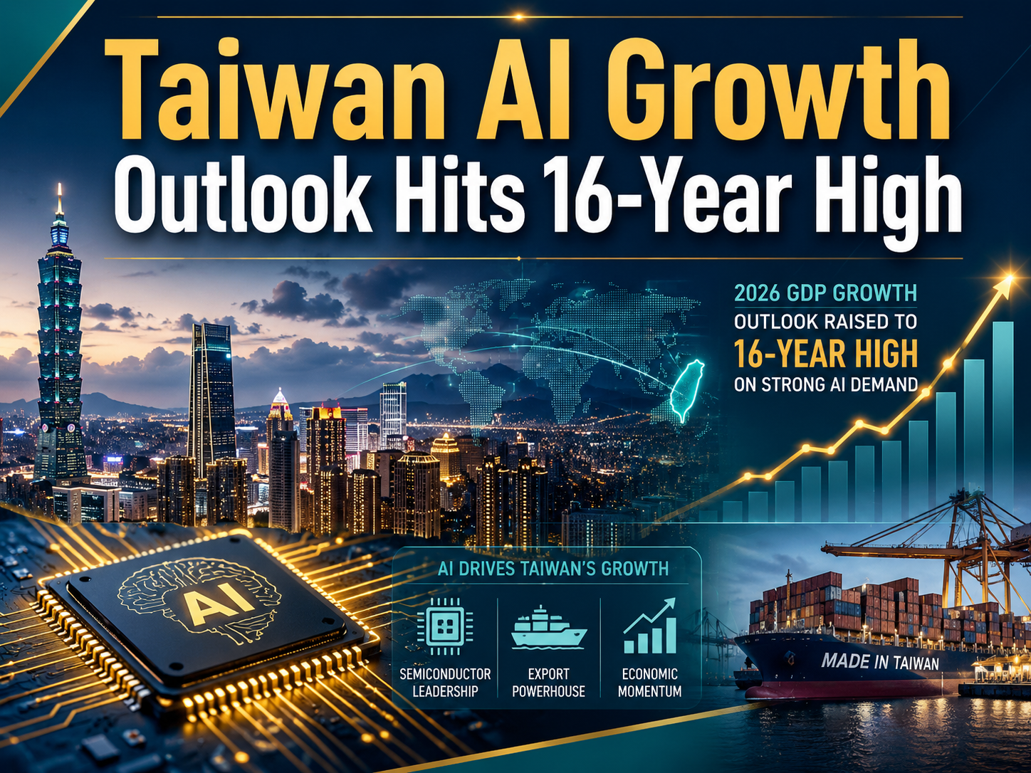 Taiwan AI growth outlook banner showing Taipei, AI chips, export data, and economic growth visuals in a professional business news style.
