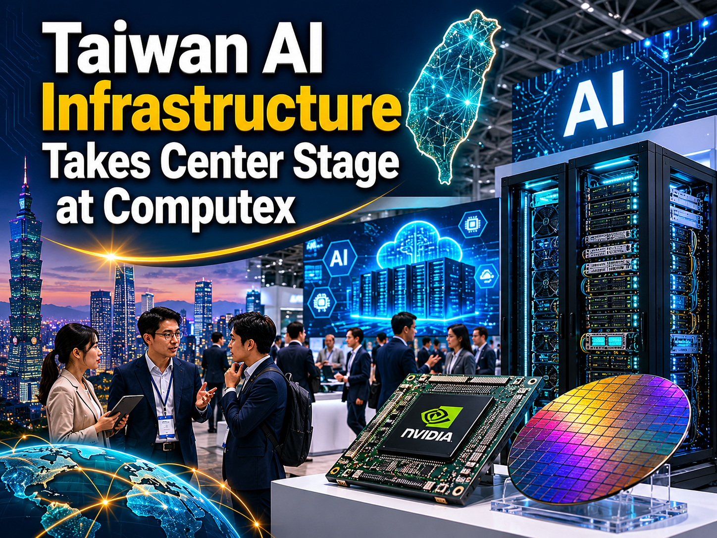 Technology news banner showing Taiwan AI infrastructure at Computex with AI servers, semiconductor wafers, and business professionals.