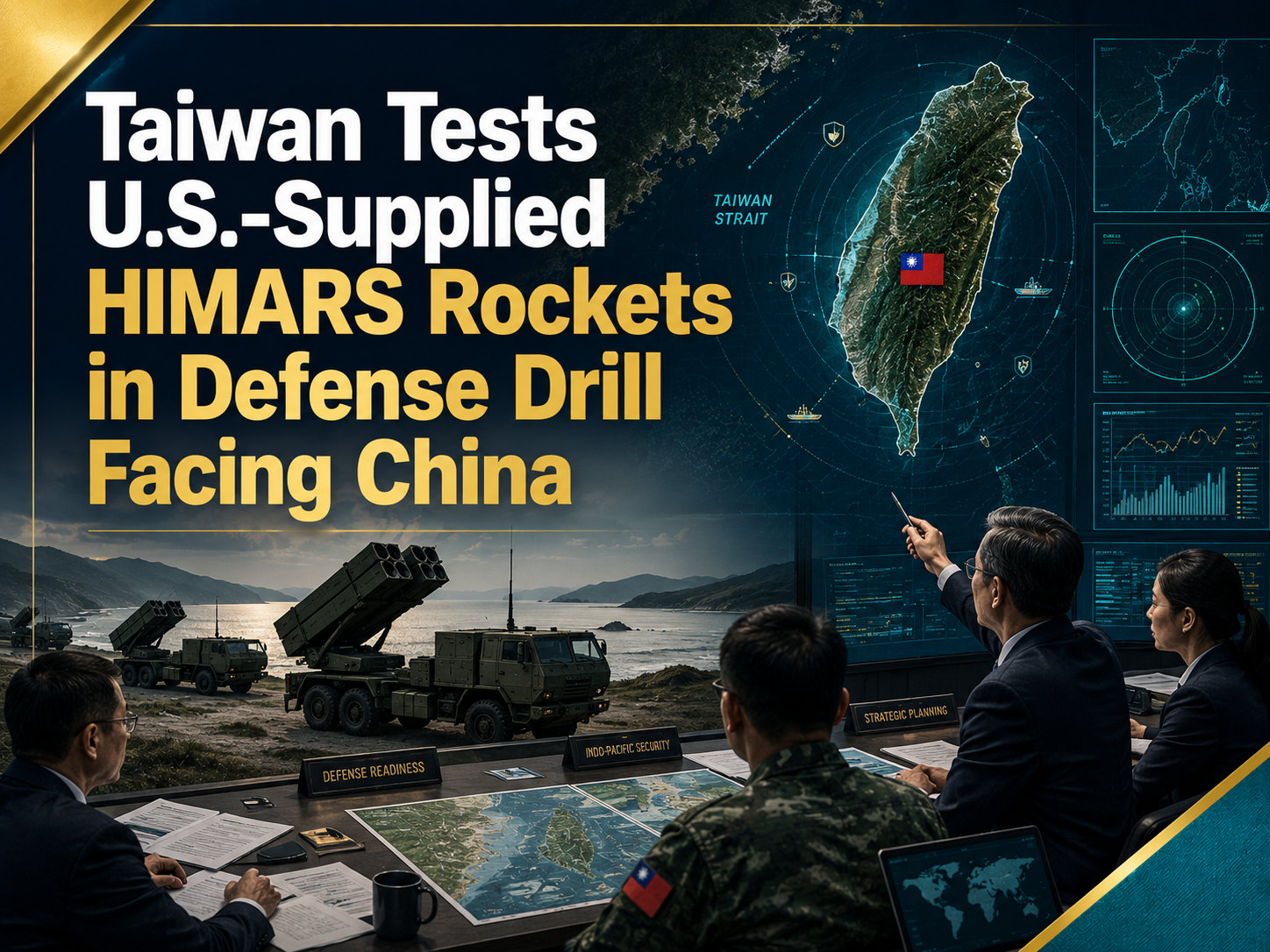 Taiwan HIMARS missile test banner showing a defense briefing room, Taiwan Strait map, mobile rocket launcher visuals, and security analysts.