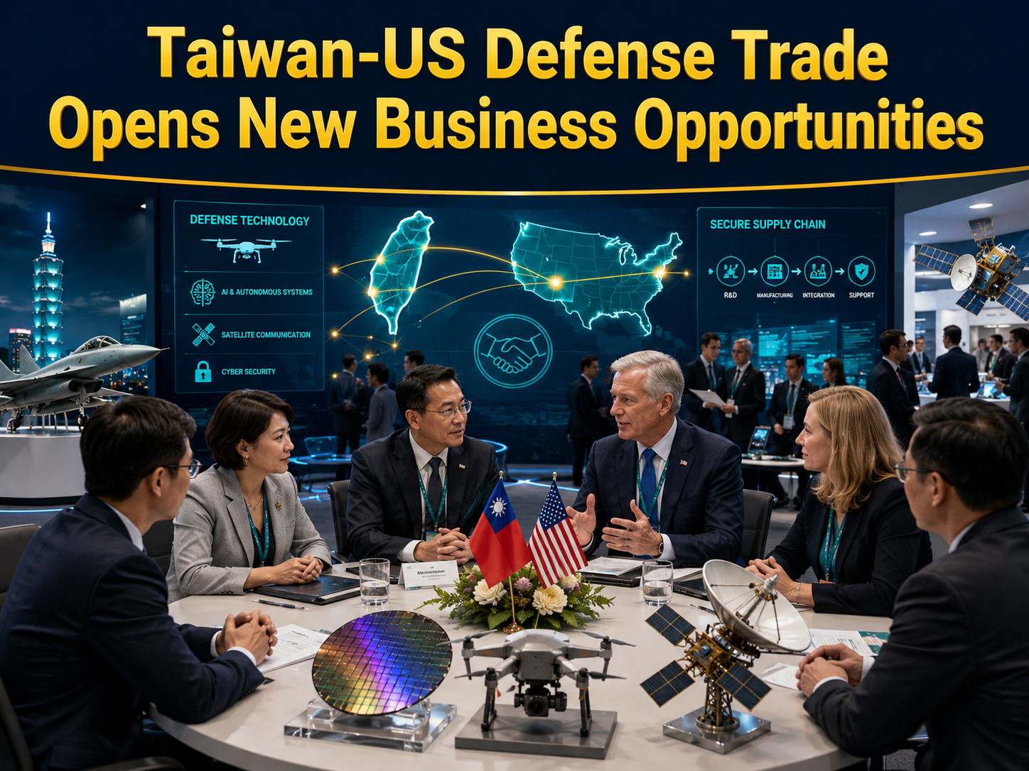 Taiwan-US defense trade banner showing a professional defense technology forum with drones, semiconductors, satellites, and business leaders.