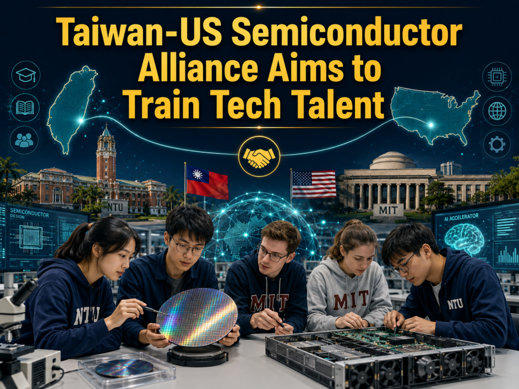 Taiwan-US semiconductor alliance banner showing students, chip technology, university training, and Taiwan-US tech cooperation.
