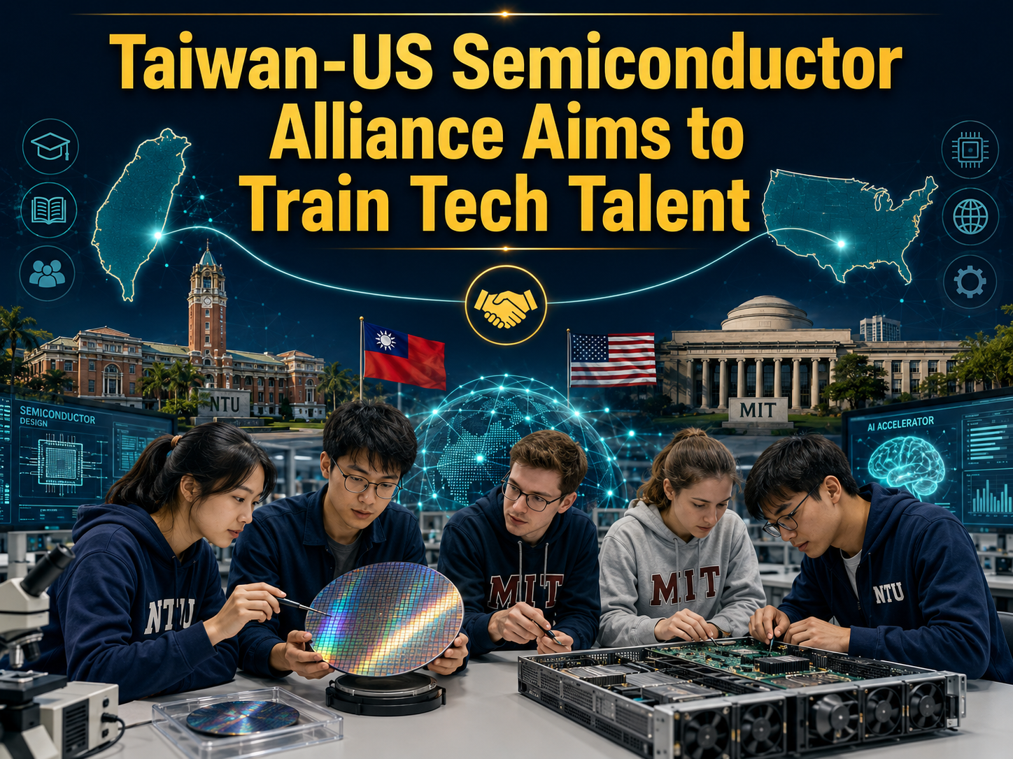 Taiwan-US semiconductor alliance banner showing students, chip technology, university training, and Taiwan-US tech cooperation.
