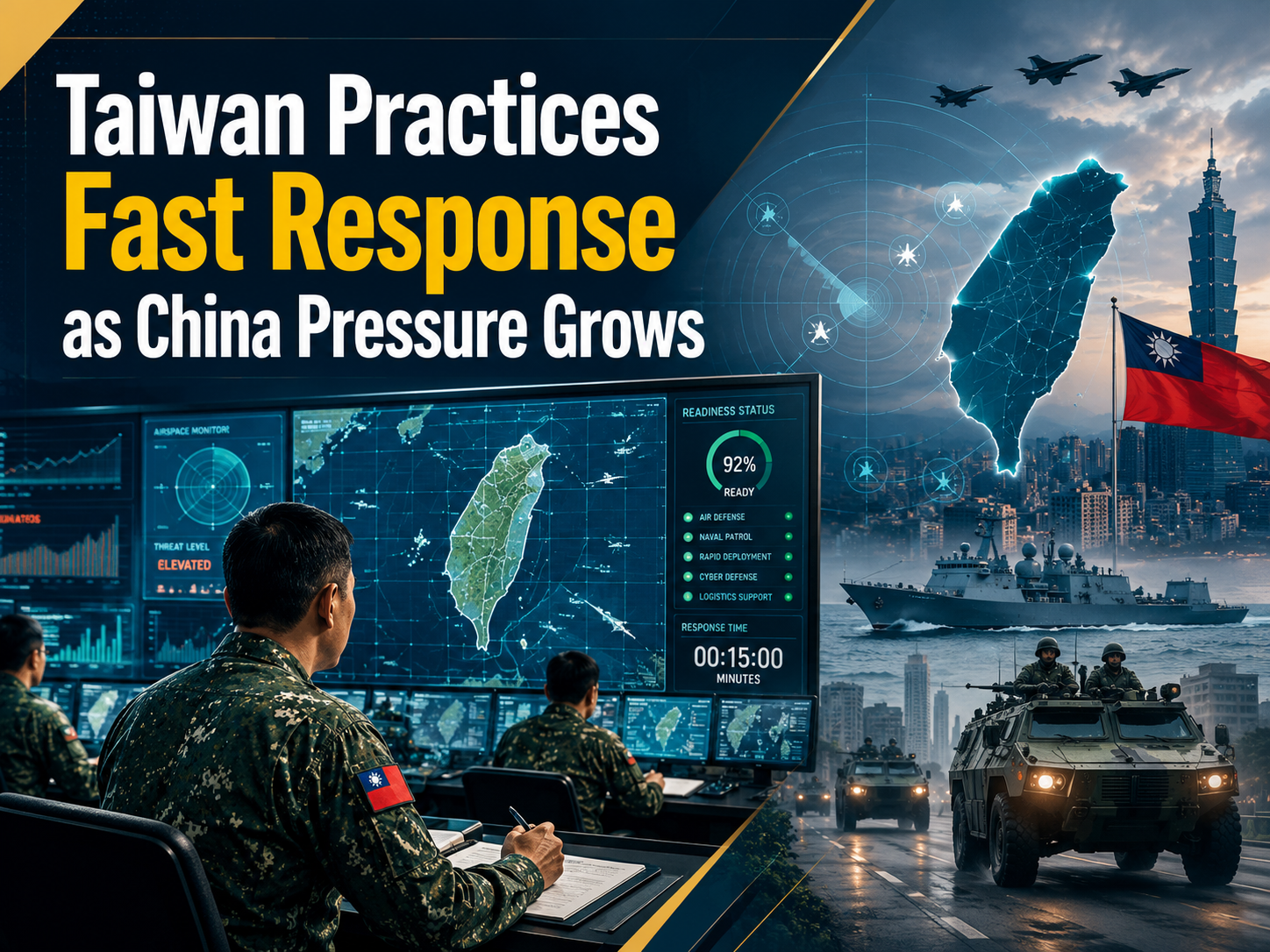 Taiwan combat readiness drills shown through a professional command center scene as Taiwan prepares fast response amid China pressure.