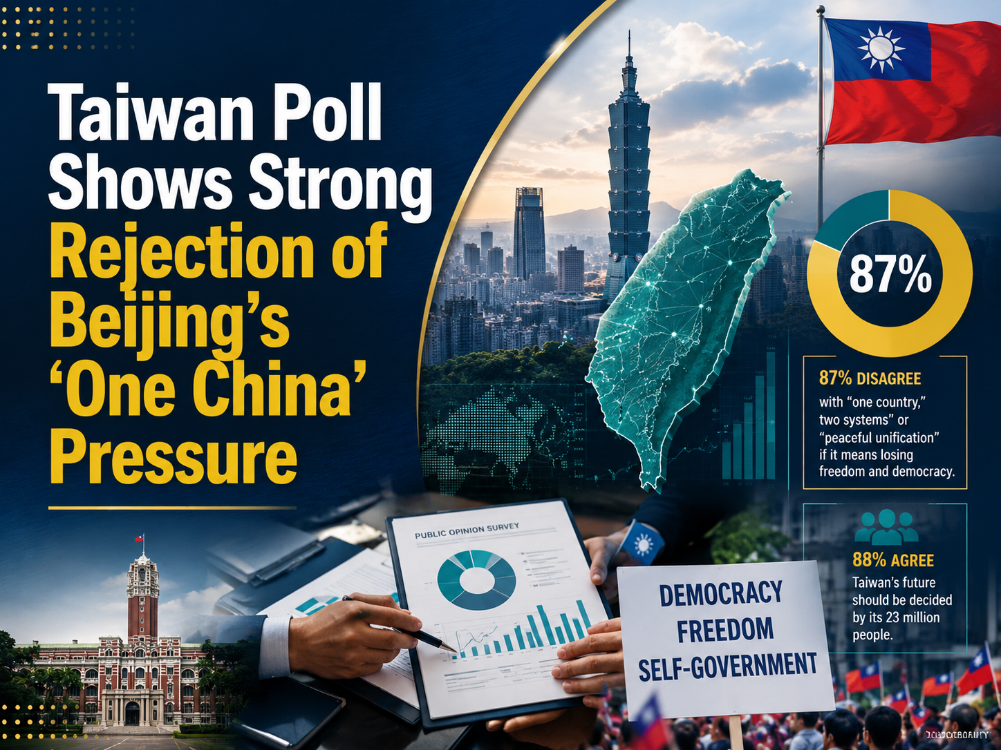 Taiwan poll shows strong rejection of Beijing pressure in a business-news banner with survey charts, Taiwan map visuals, and public opinion data.