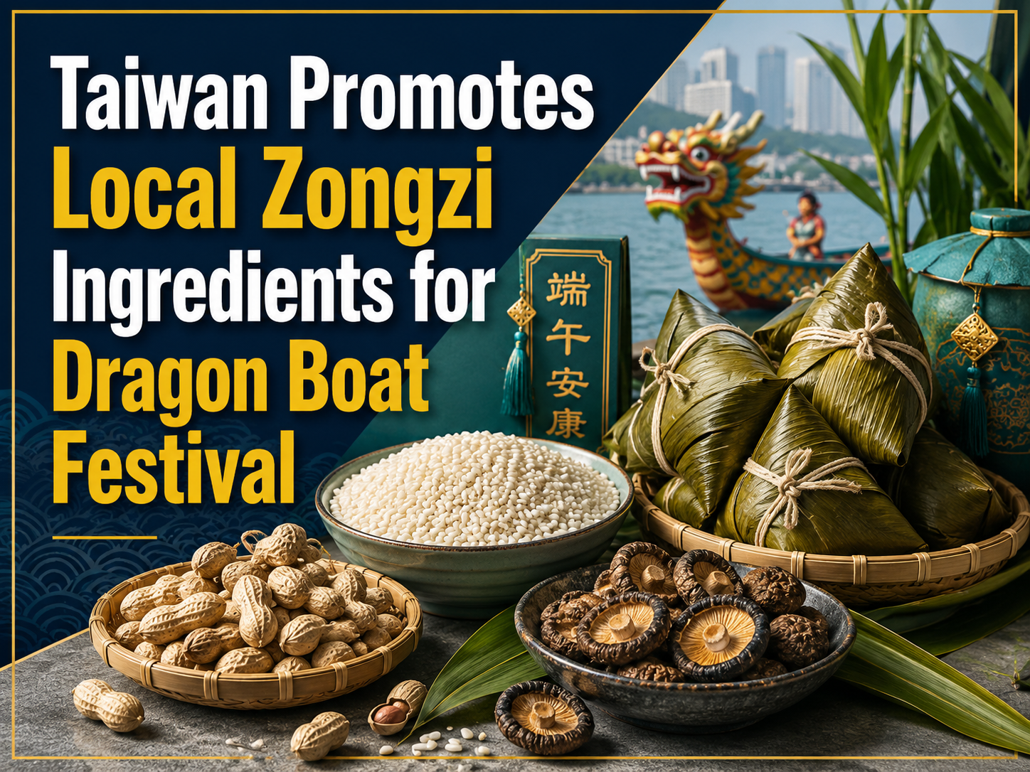 Taiwan zongzi ingredients displayed with local rice, mushrooms, peanuts, and wrapped zongzi for Dragon Boat Festival.
