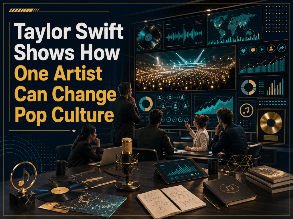 Taylor Swift pop culture influence banner showing music business strategy, fan engagement, concert visuals, and modern pop culture branding