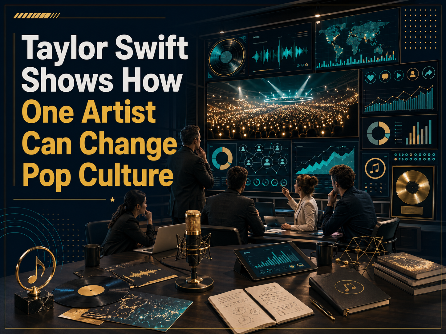 Taylor Swift pop culture influence banner showing music business strategy, fan engagement, concert visuals, and modern pop culture branding