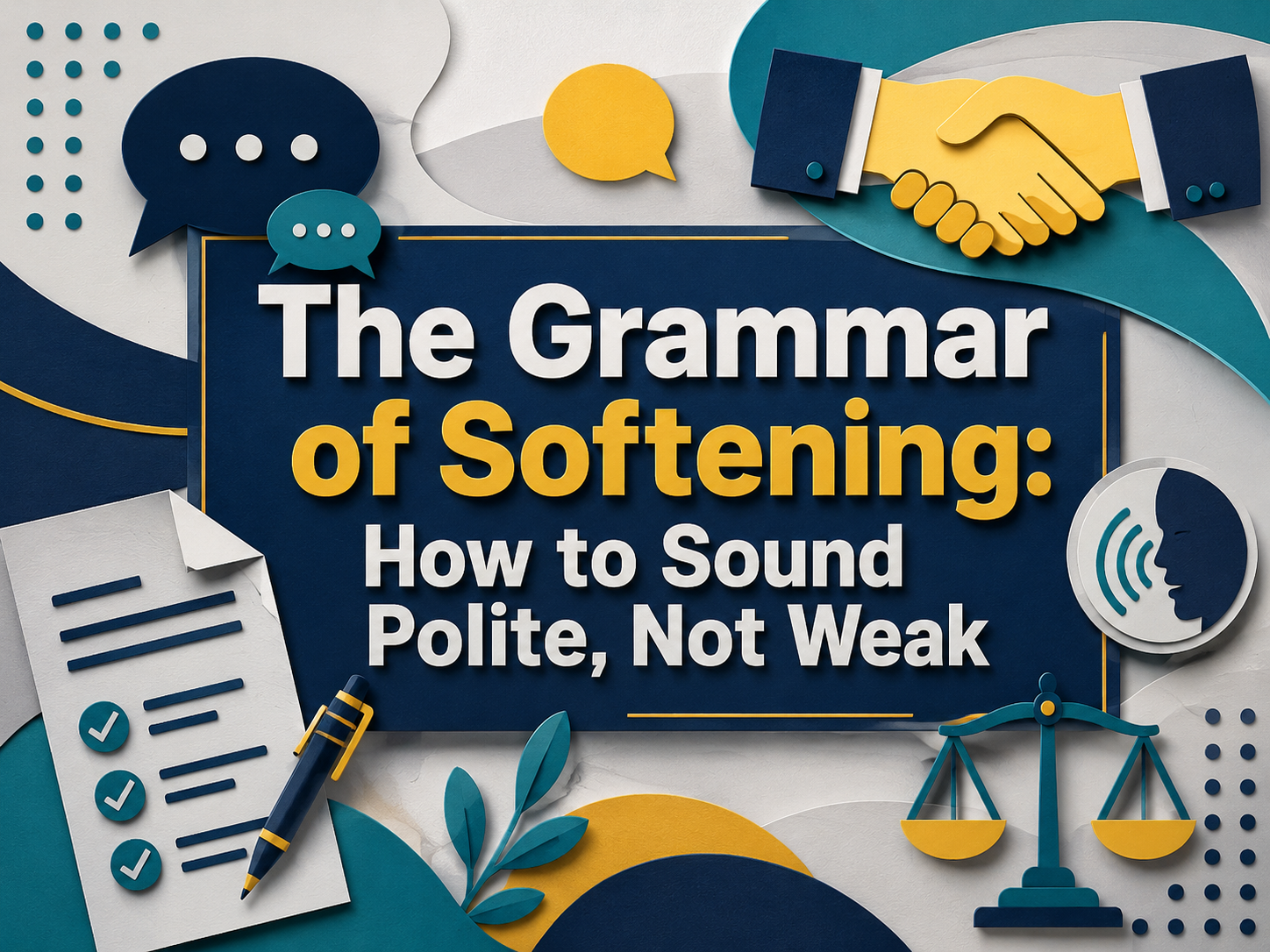 3D paper-cut banner for “The Grammar of Softening: How to Sound Polite, Not Weak,” showing speech bubbles, a handshake, checklist, and balance scale in navy, gold, teal, and light gray brand colors.