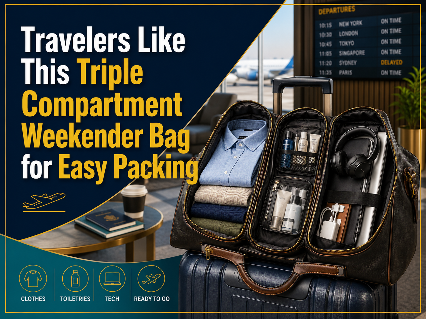 Triple compartment weekender bag organized with clothes, toiletries, and tech items for easy business travel packing.