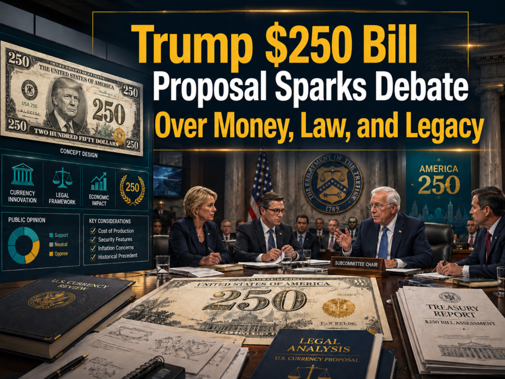 Trump $250 bill proposal banner showing U.S. currency design concepts, Treasury-style documents, and policy debate visuals.
