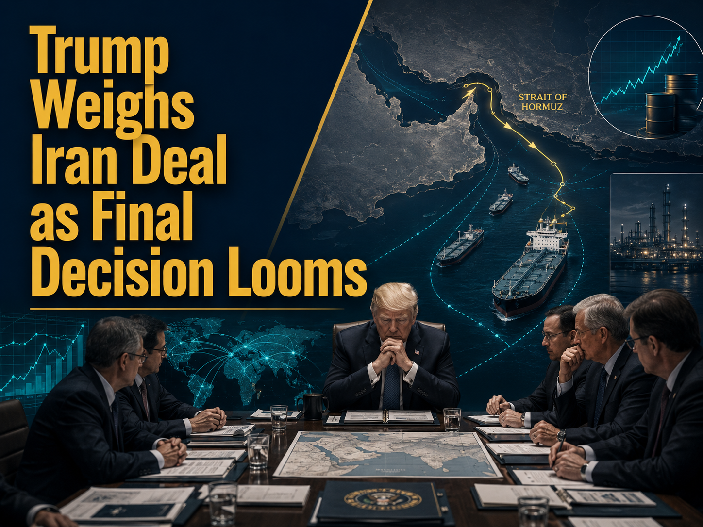 Photographic business-news banner showing the Trump Iran deal negotiations, Strait of Hormuz shipping routes, and global energy market concerns.