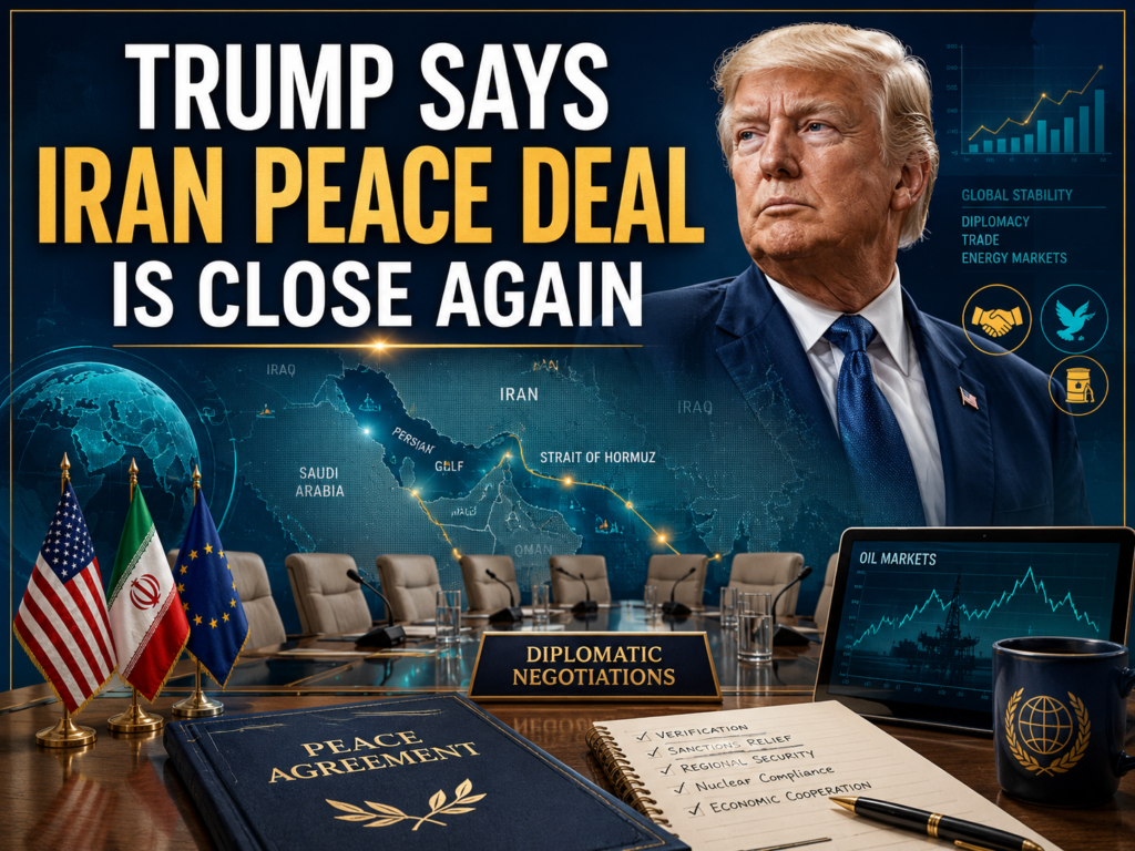 Trump Iran peace deal article banner showing diplomats reviewing Middle East maps, peace documents, and Strait of Hormuz shipping routes.