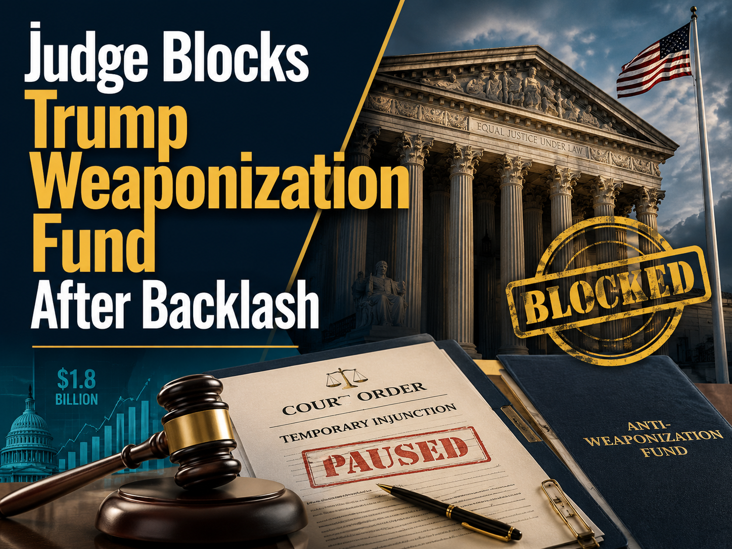 Photographic business-news banner showing a court blocking the Trump weaponization fund after political backlash and legal challenges.
