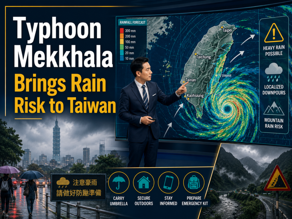 Typhoon Mekkhala Taiwan rain forecast showing storm bands, weather radar, rainfall warnings, and a Taiwan weather map.