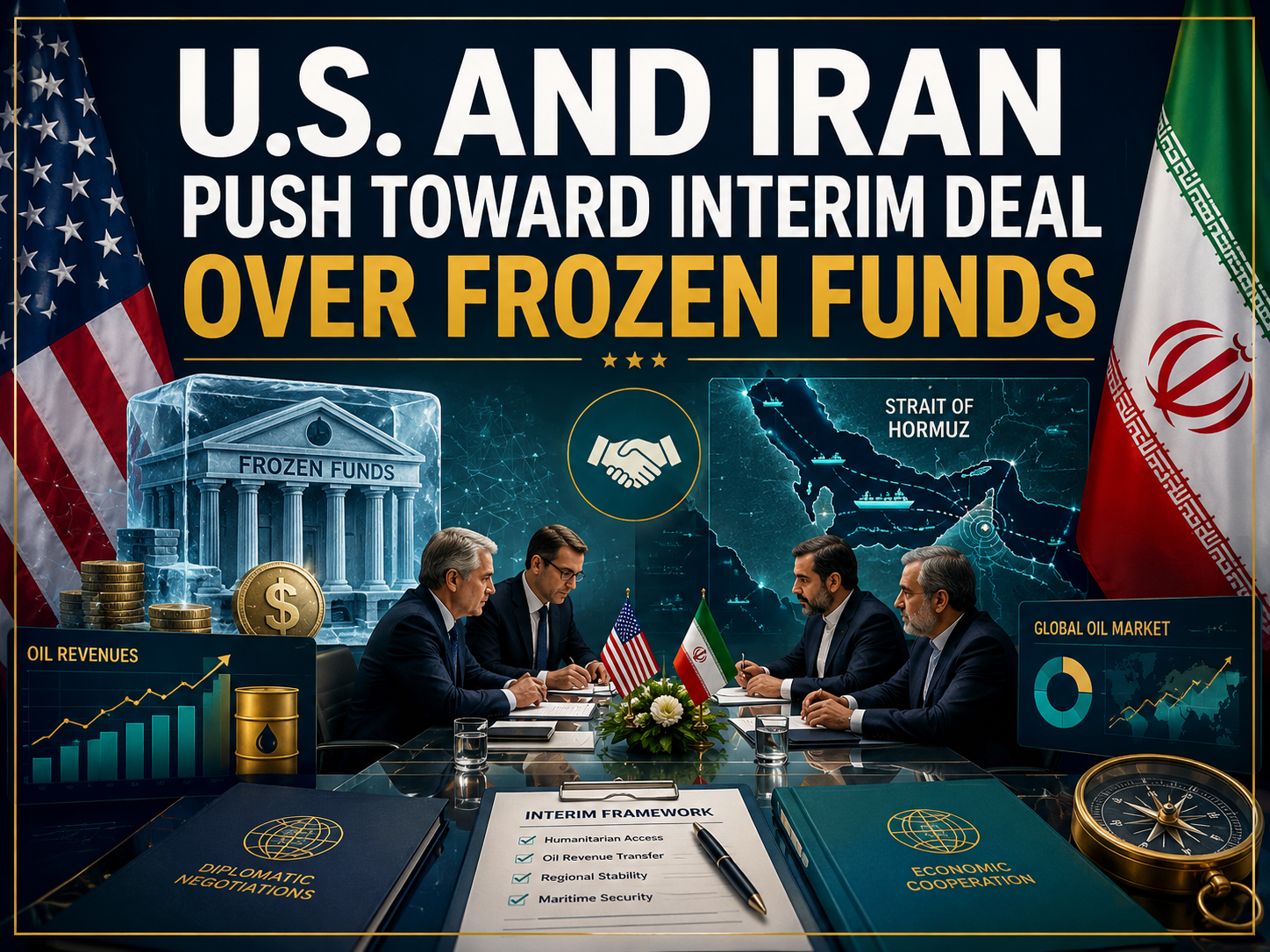 U.S.-Iran frozen funds deal shown through a diplomatic business meeting with financial documents, oil revenue charts, and Strait of Hormuz shipping routes.