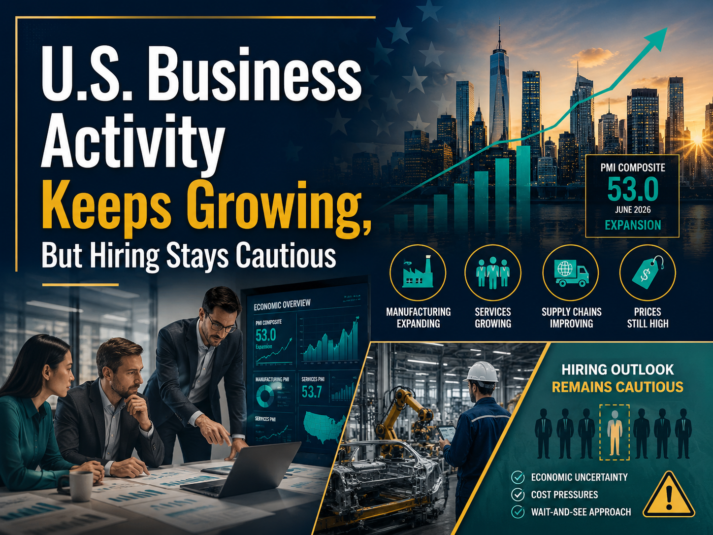 U.S. business activity report showing professionals reviewing PMI charts, manufacturing growth, services data, and cautious hiring trends.