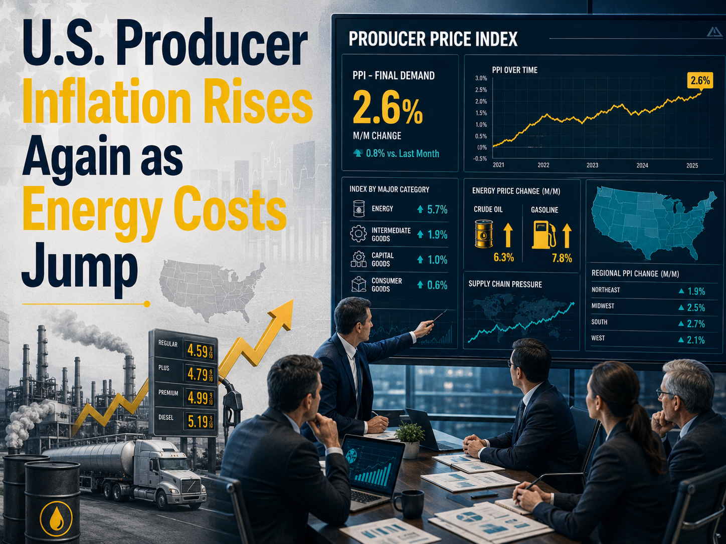 U.S. producer inflation banner showing analysts reviewing rising energy costs, PPI data, and business inflation charts.