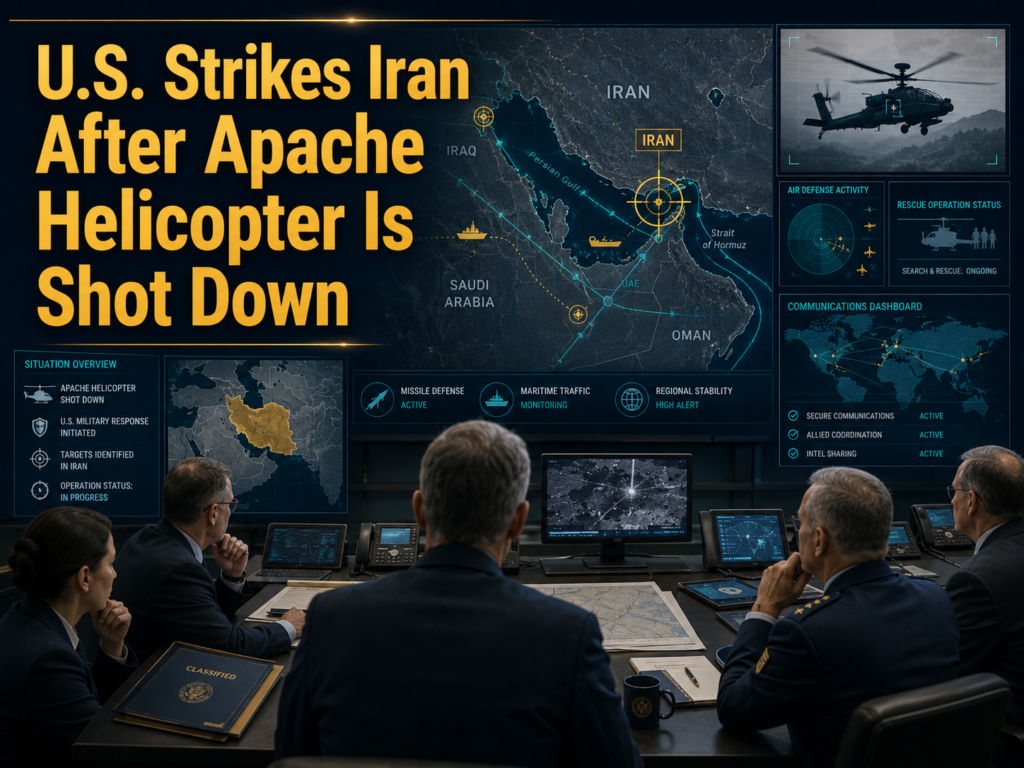 U.S. strikes Iran article banner showing a defense briefing room, Strait of Hormuz map, radar screens, and Apache helicopter silhouette.