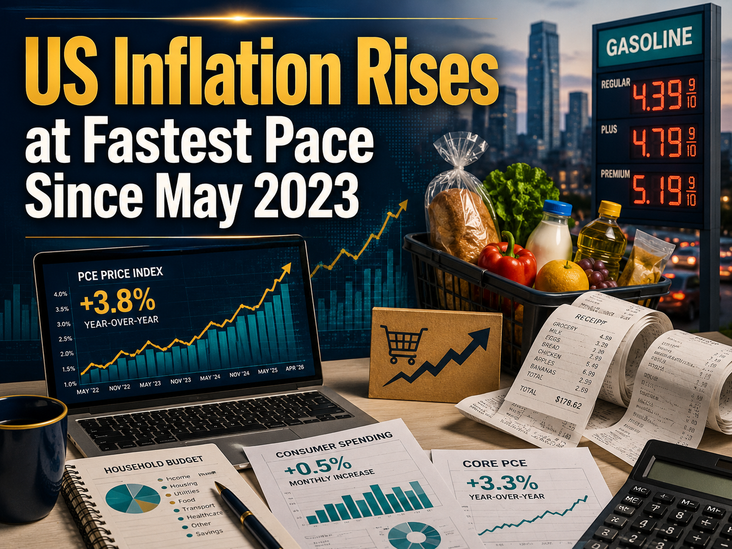 Business news banner showing US inflation rises with economic charts, grocery prices, gas costs, and consumer budget pressure.