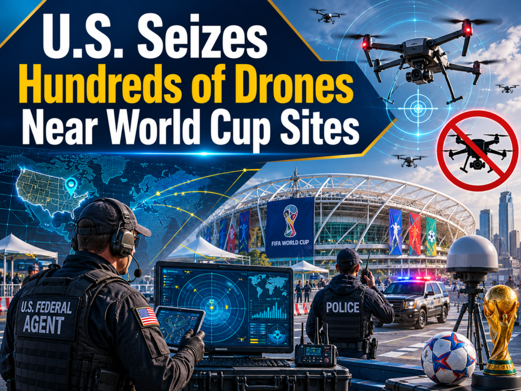 World Cup drone seizures shown in a professional stadium security scene with drone detection systems and restricted airspace monitoring.