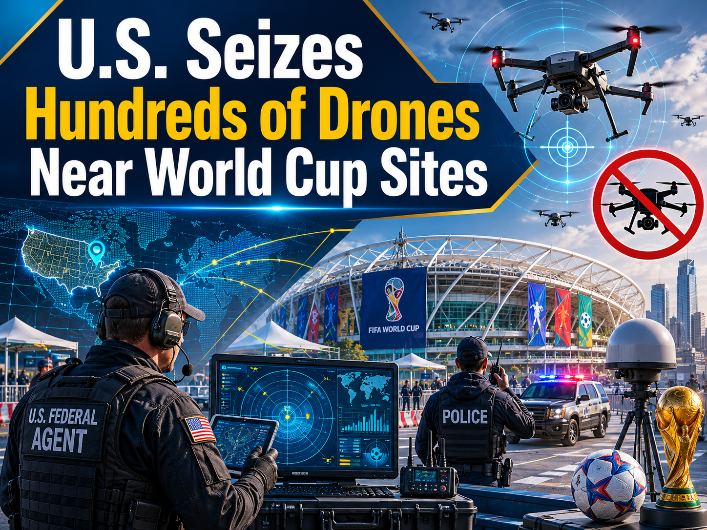 World Cup drone seizures shown in a professional stadium security scene with drone detection systems and restricted airspace monitoring.