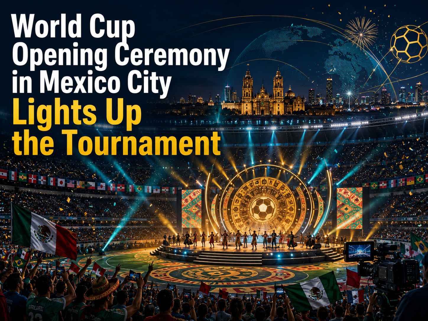 World Cup opening ceremony in Mexico City with music, performers, stadium lights, football fans, and cultural celebration.