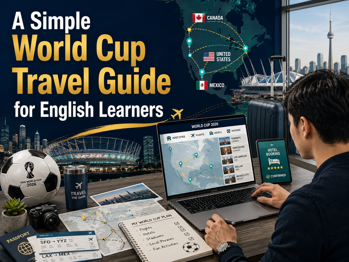 World Cup travel guide banner showing a traveler planning flights, hotels, host cities, and soccer events for English learners.