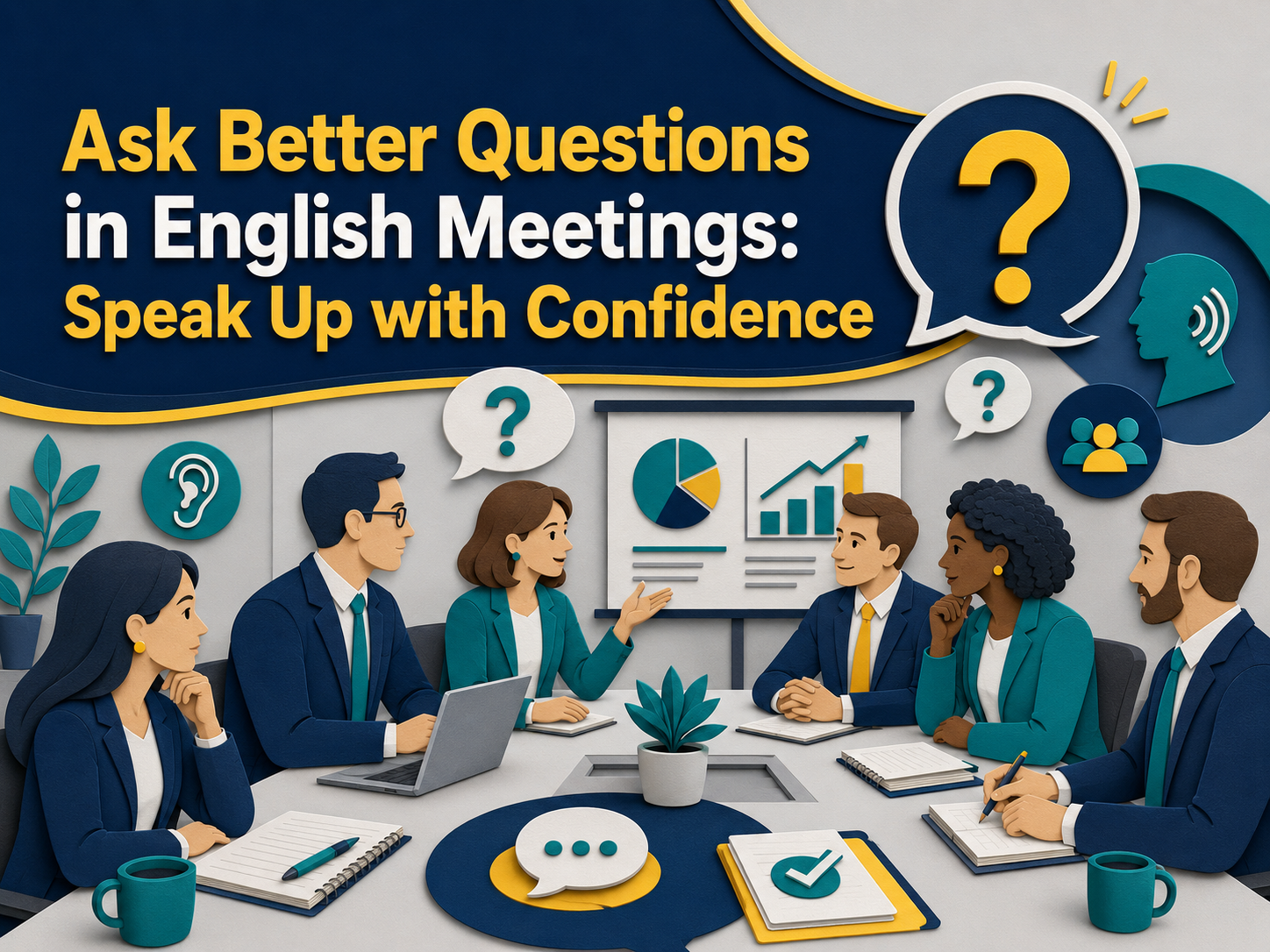 3D paper cut banner showing professionals in an English meeting, designed to help learners ask better questions in English meetings with confidence.