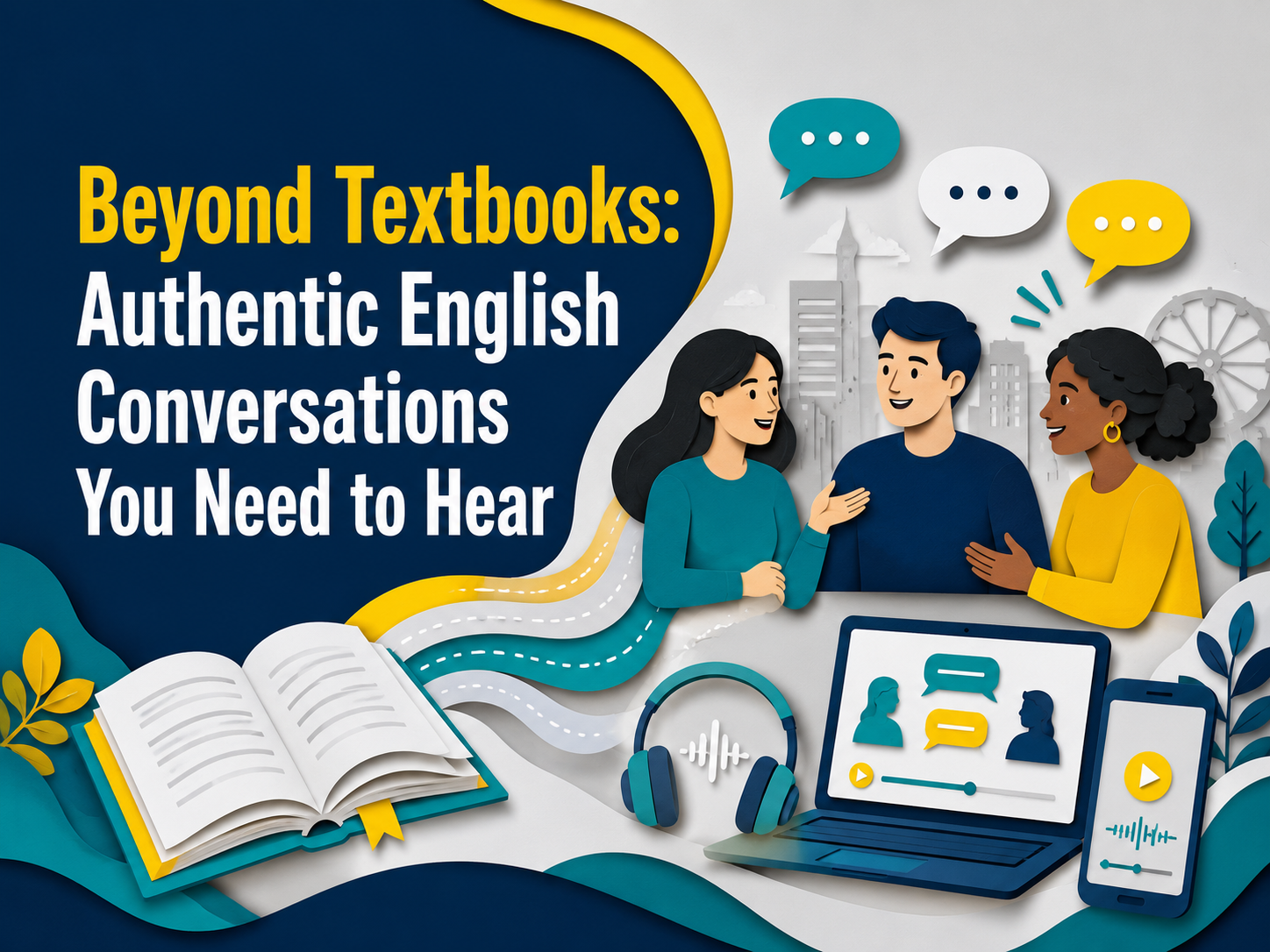3D paper cut banner showing authentic English conversations with people speaking, audio tools, and an open textbook for beginner English learners.