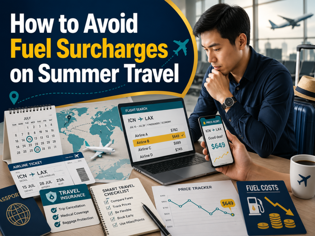 Traveler using flight apps and travel planning tools to avoid fuel surcharges on summer travel with airline tickets and price alerts.