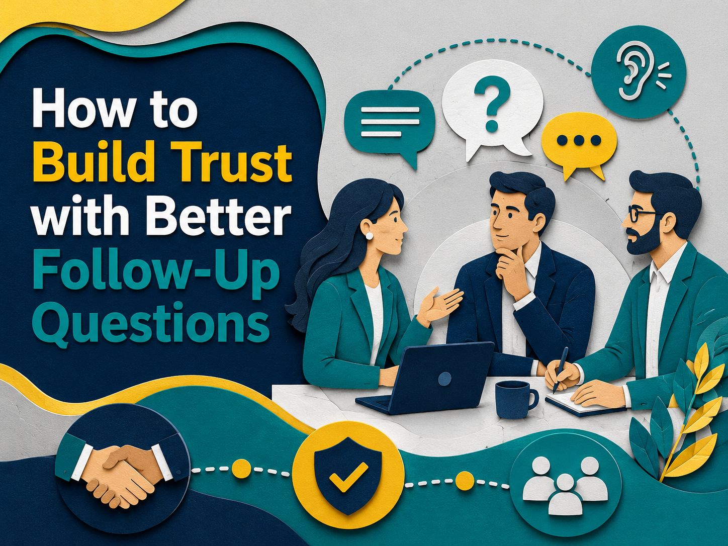 3D paper cut banner for “How to Build Trust with Better Follow-Up Questions,” showing professionals in discussion with speech bubbles, trust icons, and teamwork visuals in navy, gold, teal, and light gray.