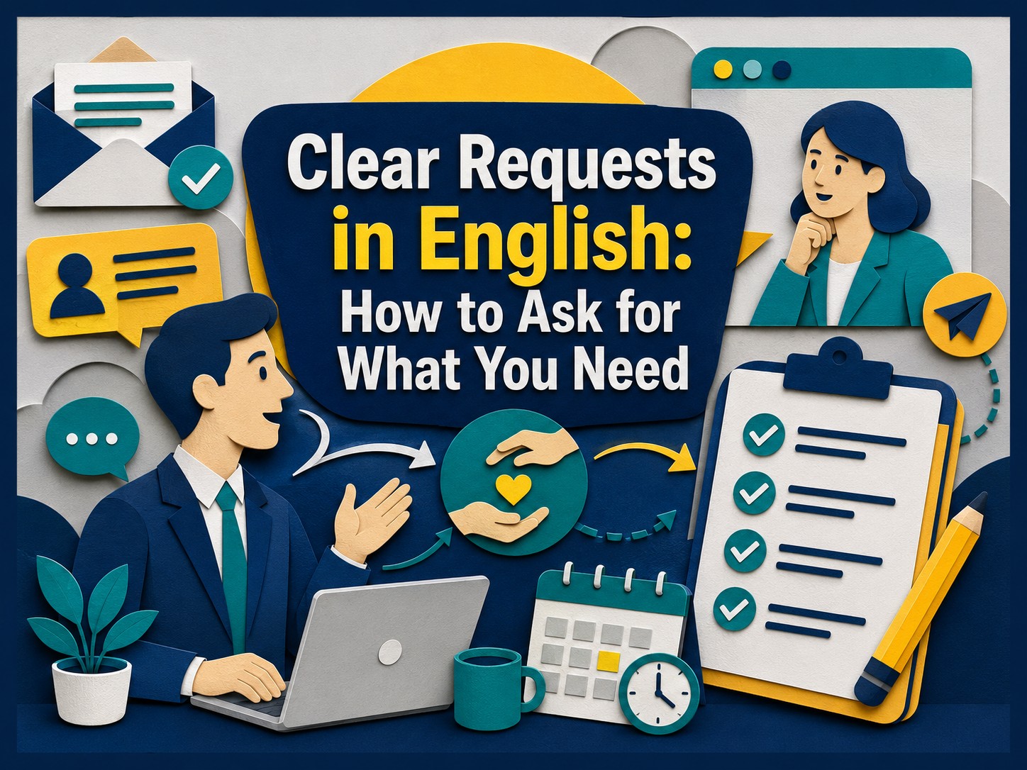 3D paper cut banner showing clear workplace communication with checklists, speech bubbles, and professionals using clear requests in English.