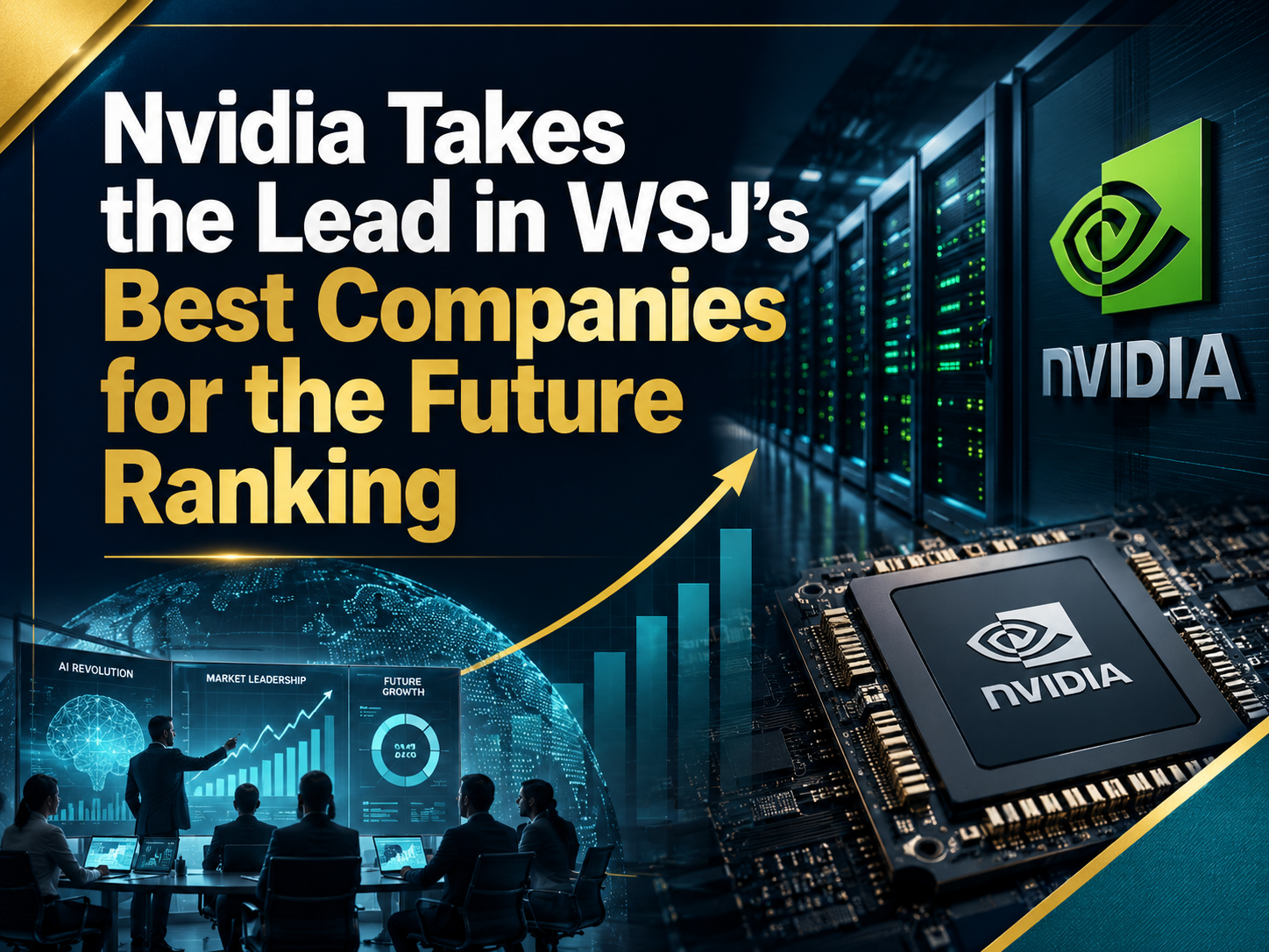 Nvidia leads companies for the future ranking in a business technology banner with AI dashboards, data center visuals, and market growth graphics.