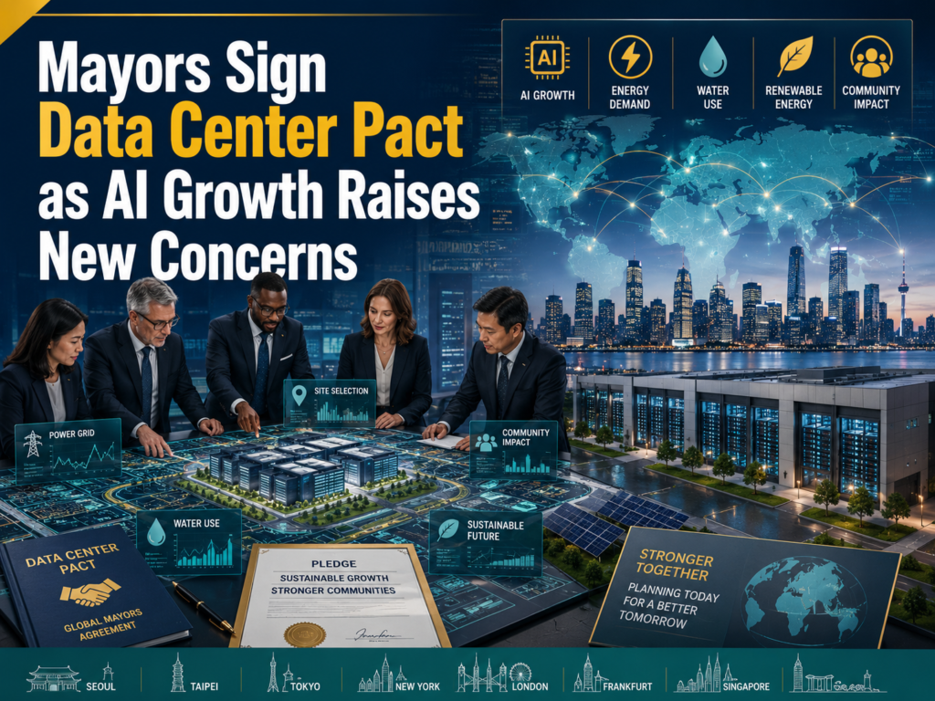 Data center pact signed by mayors with AI infrastructure, city planning maps, energy grids, and water-use concerns in a business technology scene.