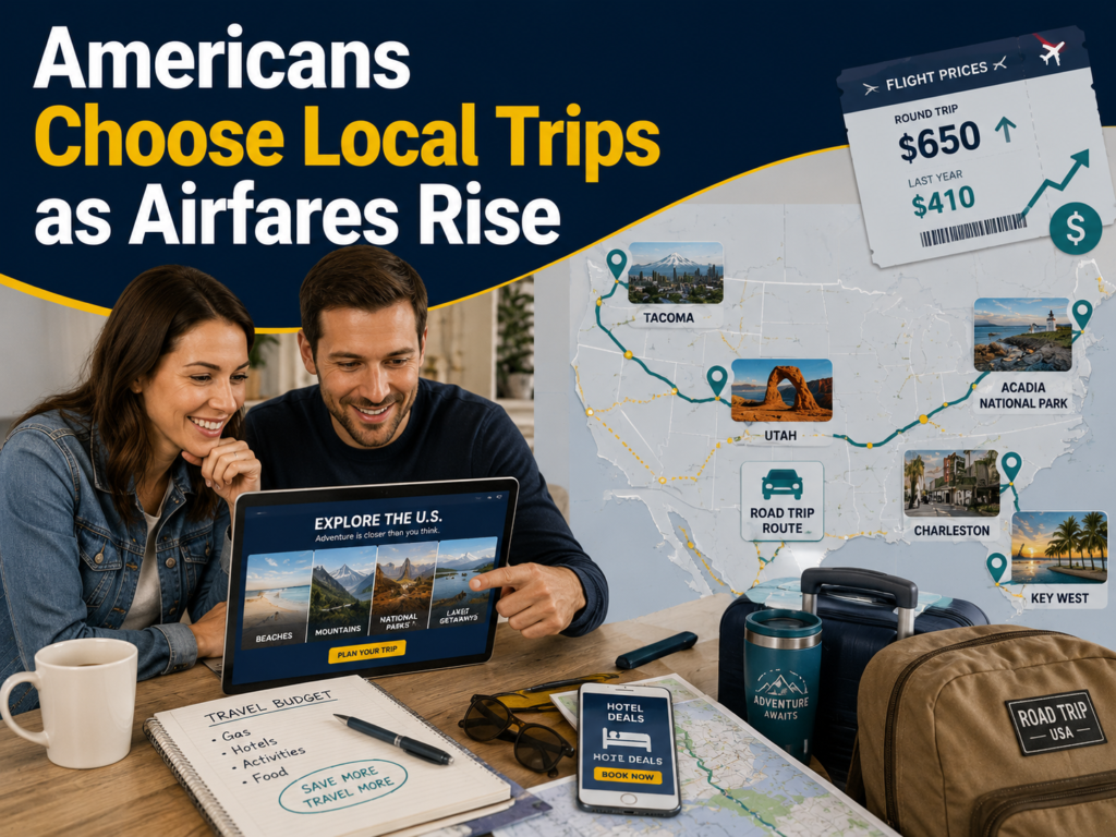 Domestic travel trend grows as Americans choose local trips, national parks, beaches, and road trips because of rising airfares.