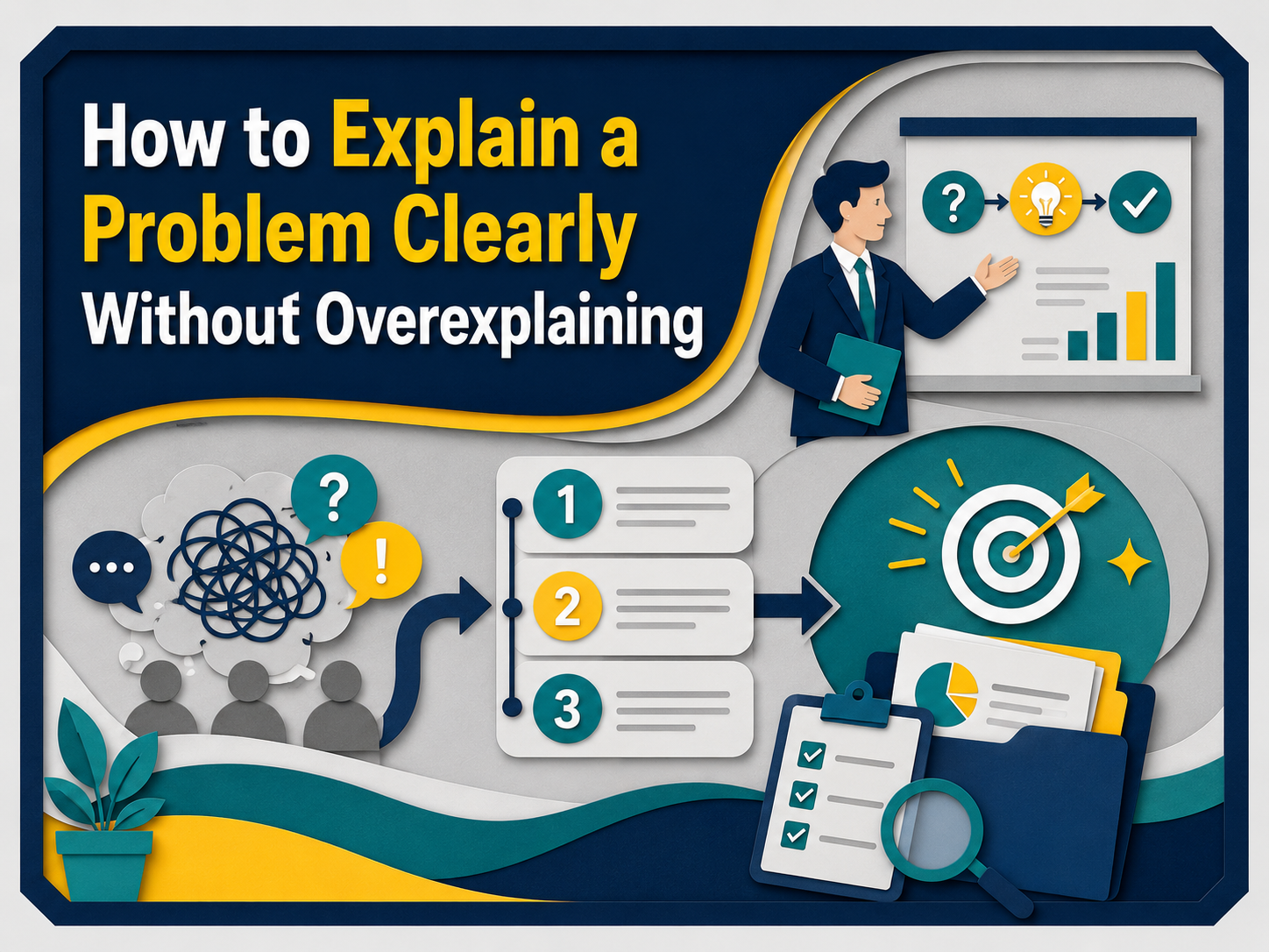 3D paper cut banner showing a professional explaining a problem clearly with a simple step-by-step process, charts, speech bubbles, and a target symbol.
