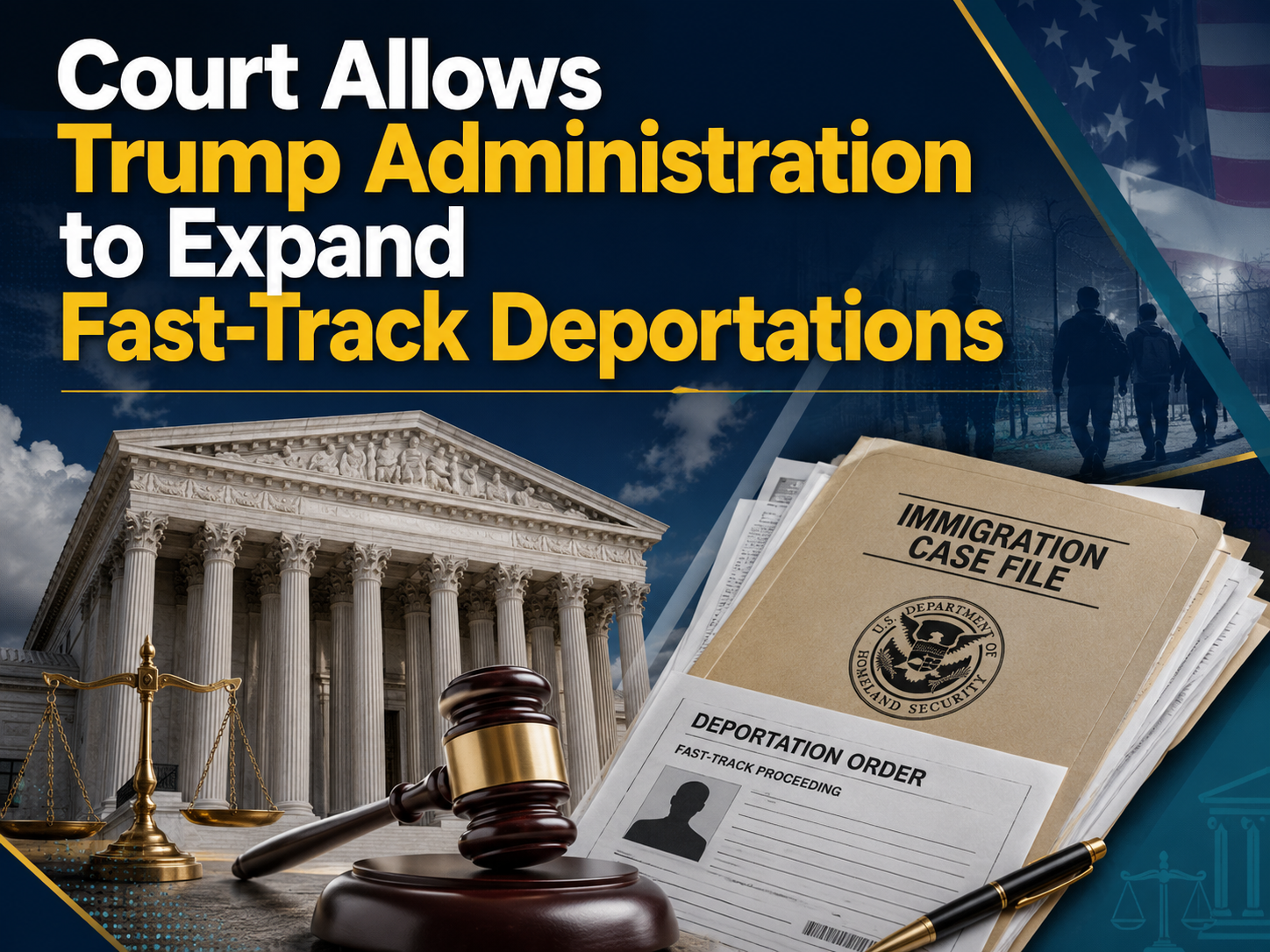 Courtroom and immigration policy scene showing the fast-track deportation ruling allowing wider Trump administration deportation powers.