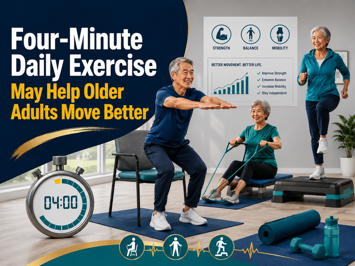 Four-minute daily exercise routine with older adults doing chair stands, resistance bands, and balance training.