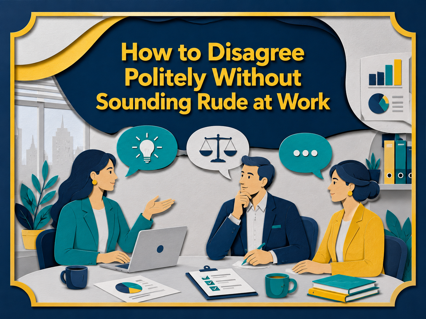 3D paper cut banner showing professionals in a respectful workplace discussion about how to disagree politely without sounding rude.