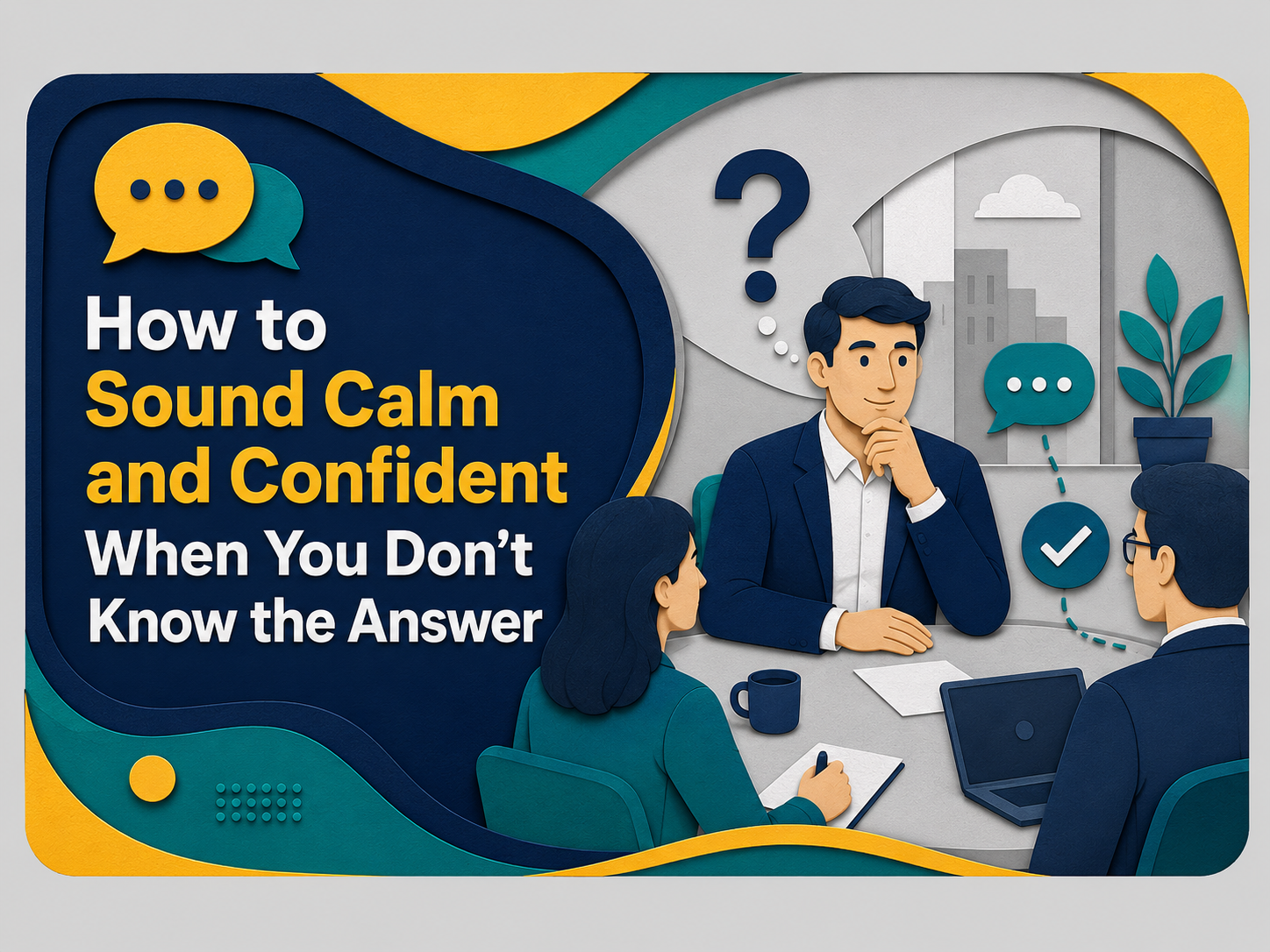 How to sound calm and confident when you don’t know the answer, shown in a 3D paper cut business meeting scene with professionals, speech bubbles, a question mark, and a checkmark.