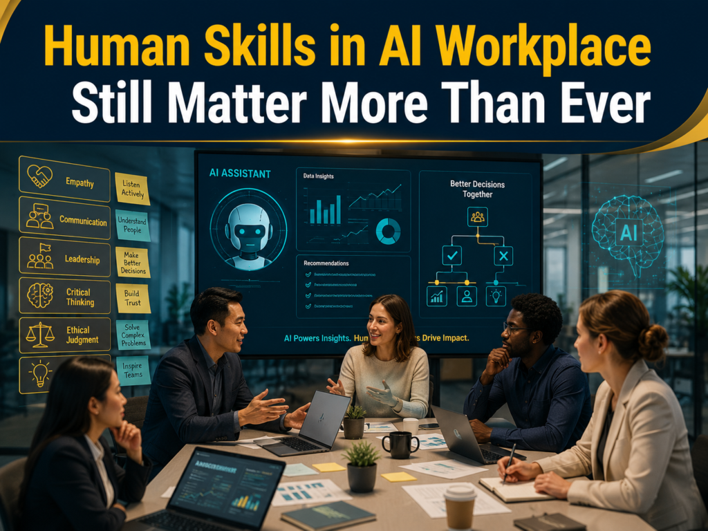 human skills in AI workplace banner showing professionals using AI tools while emphasizing empathy, judgment, leadership, and critical thinking