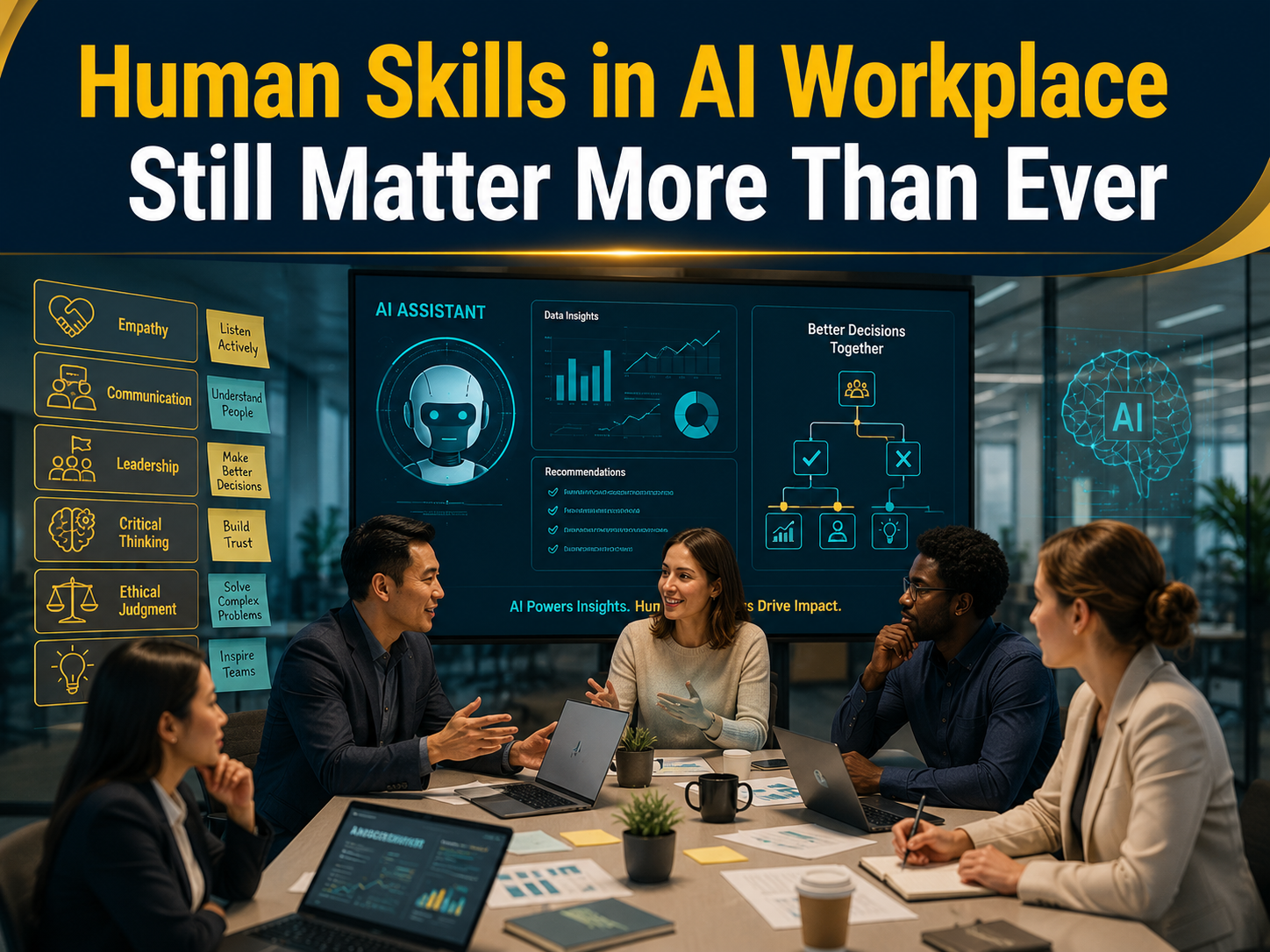 human skills in AI workplace banner showing professionals using AI tools while emphasizing empathy, judgment, leadership, and critical thinking