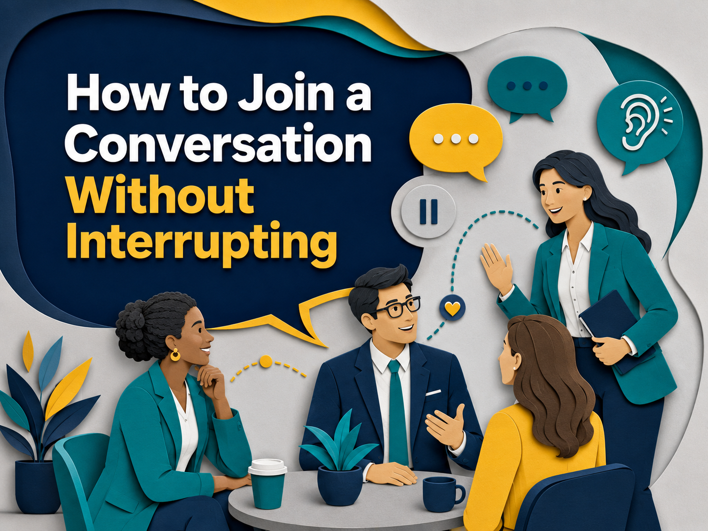 3D paper cut banner showing professionals politely joining a workplace discussion, illustrating how to join a conversation without interrupting in English.