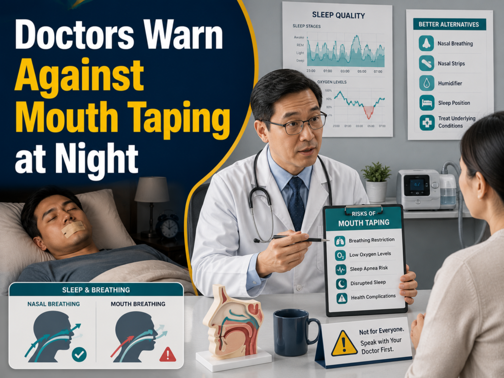Doctor explaining the risks of mouth taping at night with sleep health charts, breathing graphics, and medical safety advice.