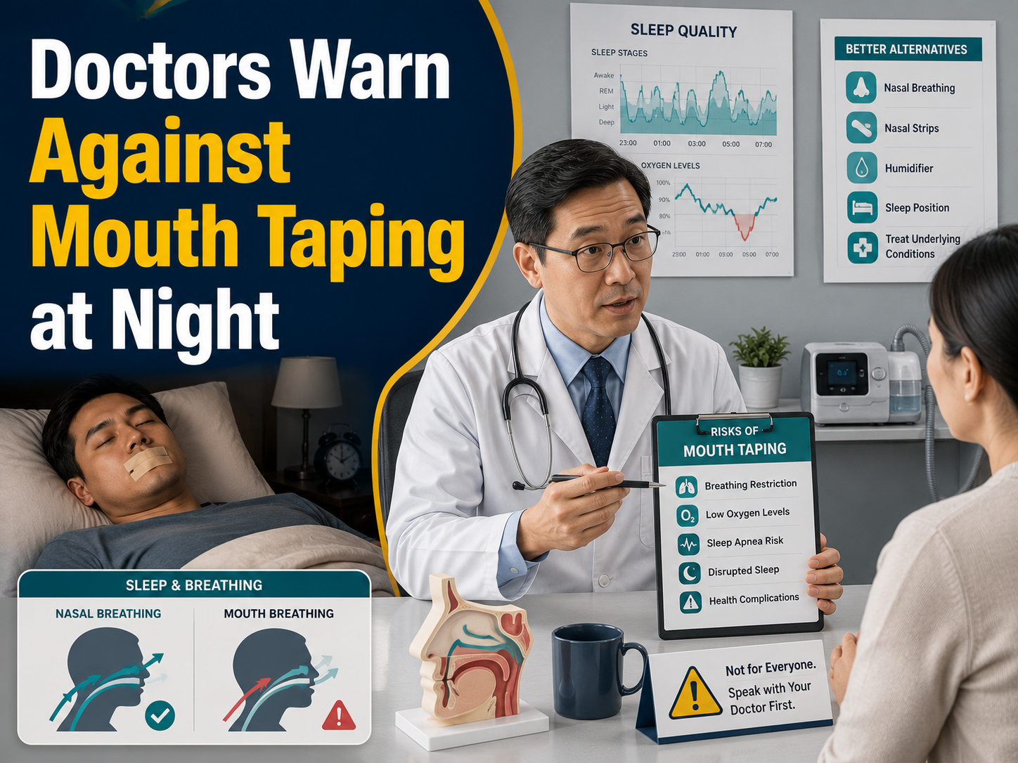 Doctor explaining the risks of mouth taping at night with sleep health charts, breathing graphics, and medical safety advice.