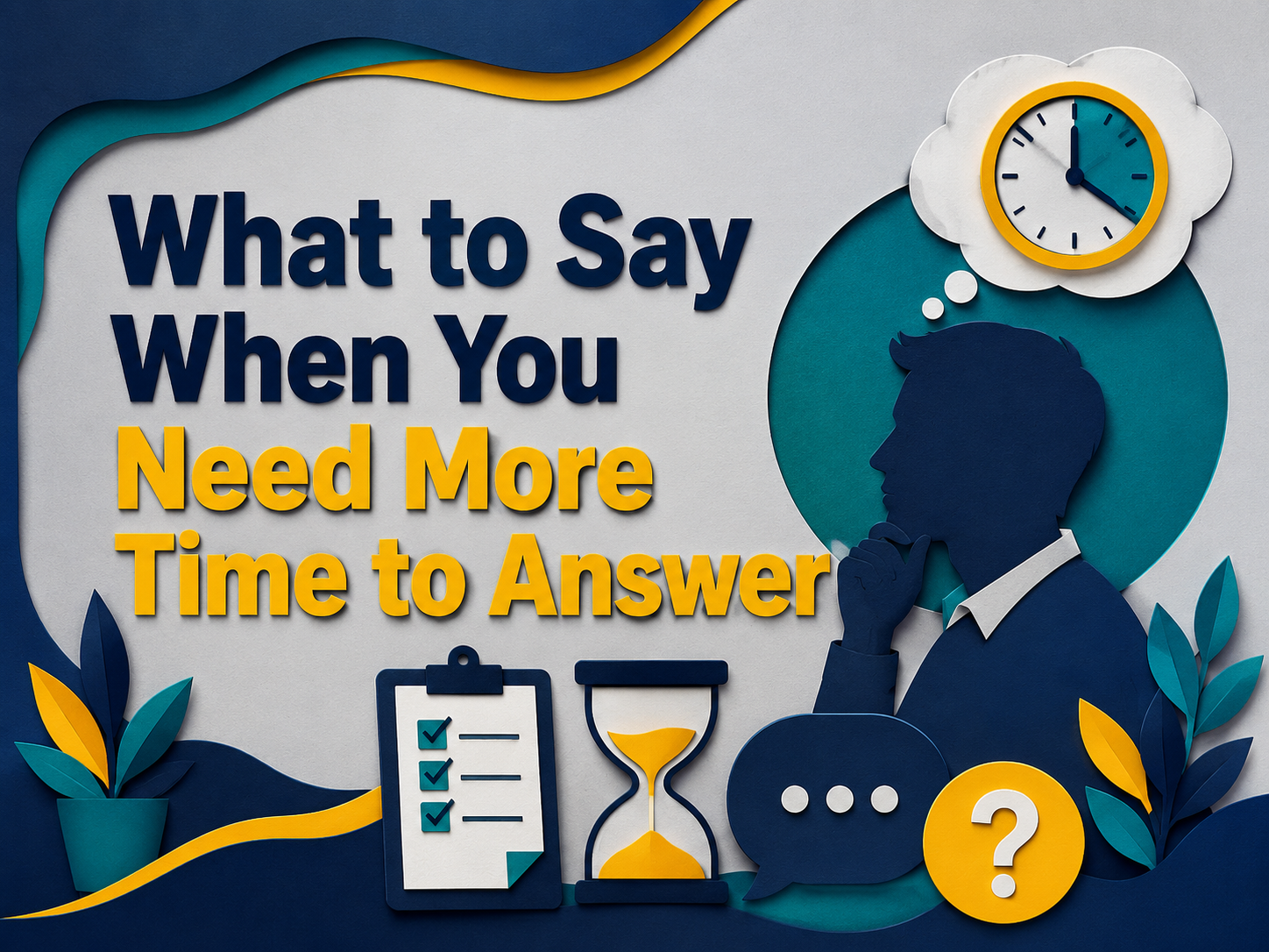 3D paper cut banner showing a professional thinking with a clock, checklist, hourglass, and speech bubble for the article “What to Say When You Need More Time to Answer,” teaching English learners how to sound confident when they need more time to answer.